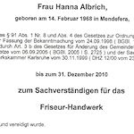 Hanna Mariam Albrich, Vereidigte Sachverständige Friseurhandwerk